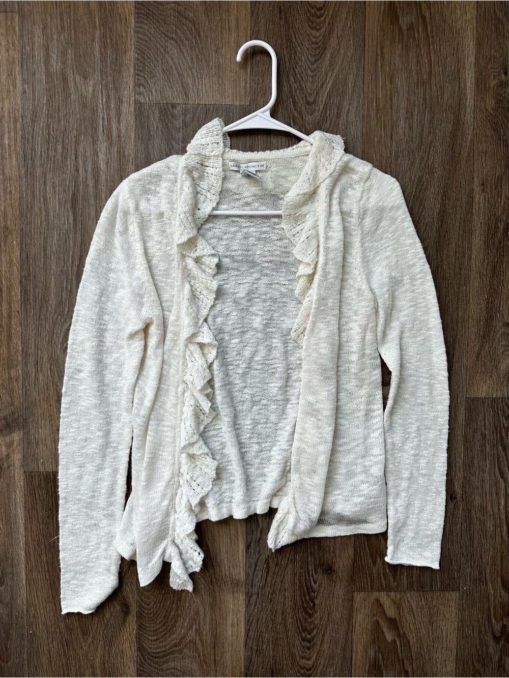 Sarah Spencer Vintage Ivory Ruffle Open Front Cardigan Knit Sweater Women’s M